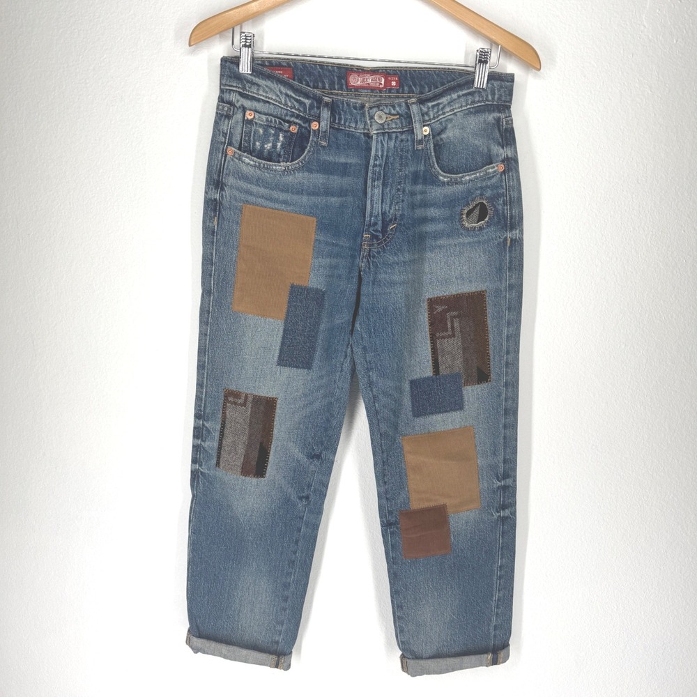 Lucky Brand Patchwork Mid Rise Baggy Straight Jeans Size 0 Boho Granola Grunge‎
